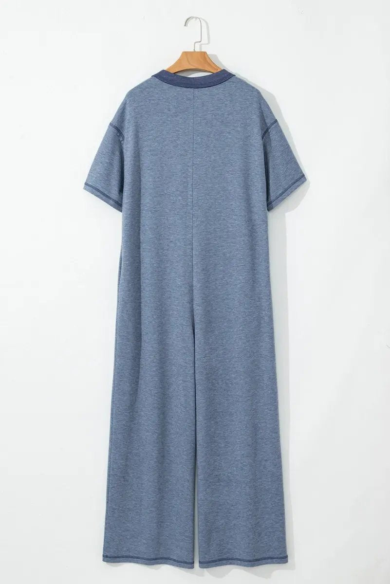 Beau Blue Half Placket Chest Pockets Short Sleeve Jumpsuit - Love Salve